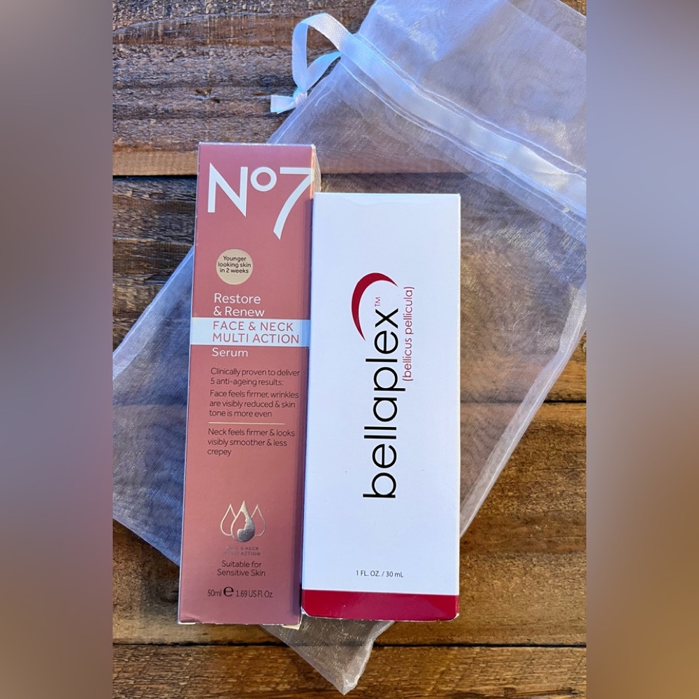 No7 Restore and Renew face and neck serum, and bellaplex anti-aging cream
